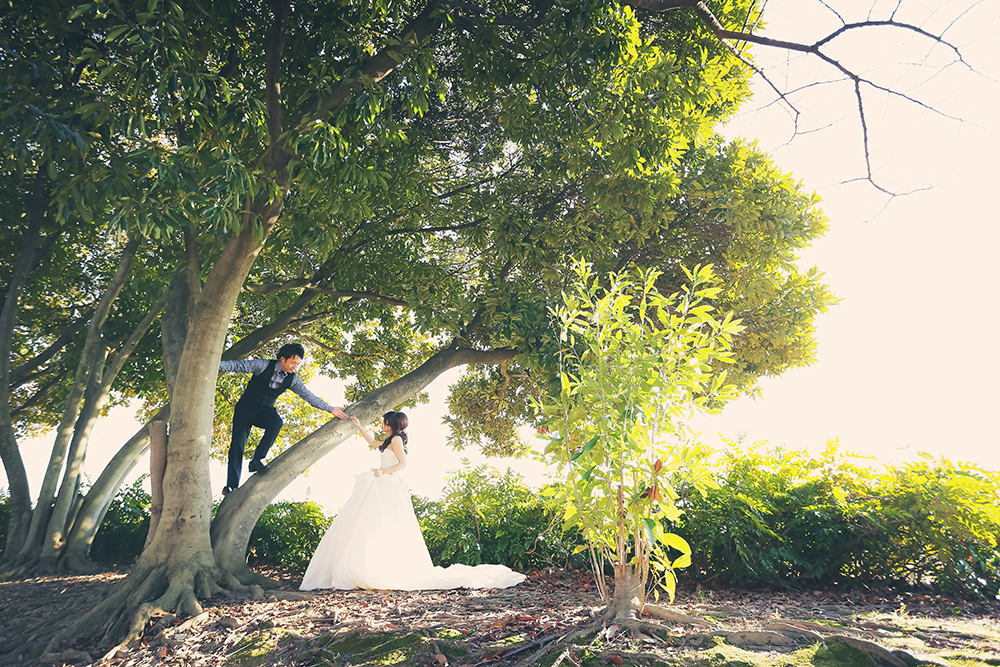 愛知・庄内緑地公園の前撮り/フォトウェディングのロケーション撮影 | 緑に囲まれたロケーションはウェディングドレスがオススメ◎