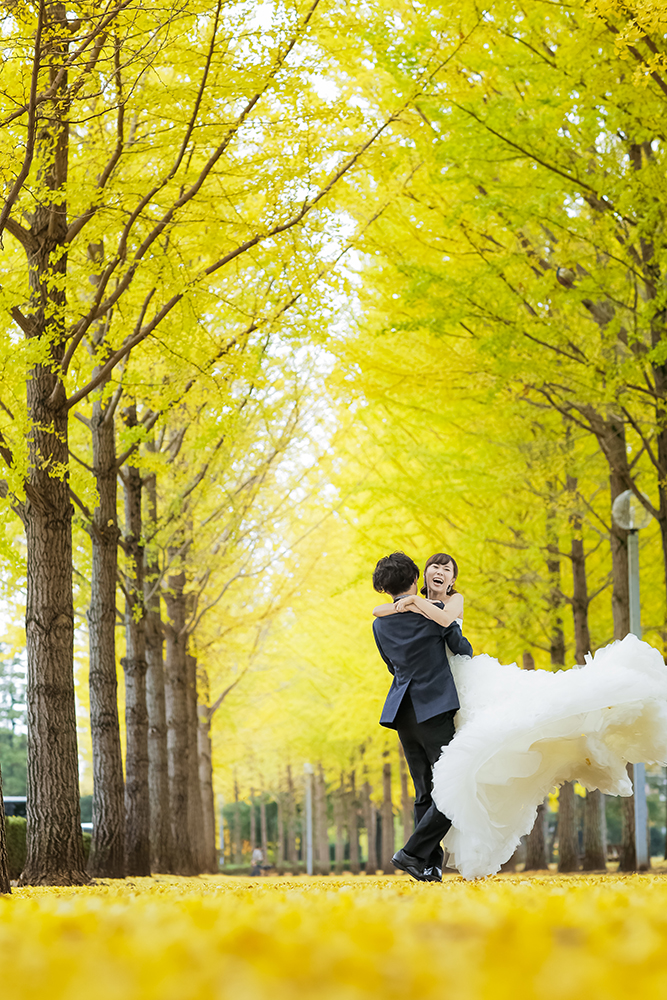 茨城・科学万博記念公園の前撮り/フォトウェディングのロケーション撮影 | 鮮やかな黄色に染まる銀杏をバックに。
