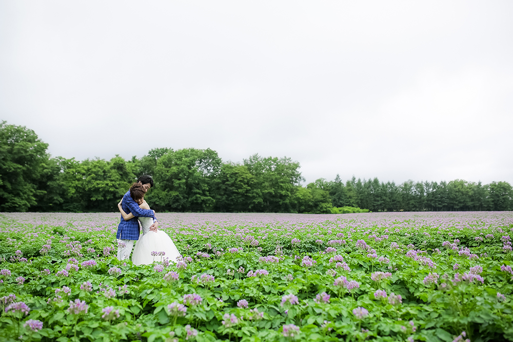 北海道・帯広の前撮り/フォトウェディングのロケーション撮影 | お花畑の中で２人だけの世界を演出。
