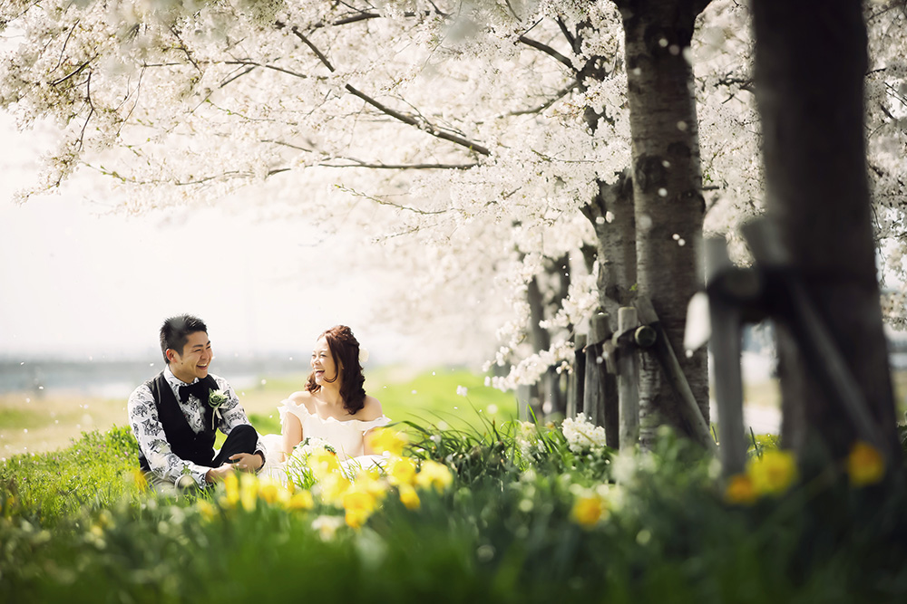 滋賀・土手の前撮り/フォトウェディングのロケーション撮影 | 色鮮やかな桜と菜の花と一緒に。
