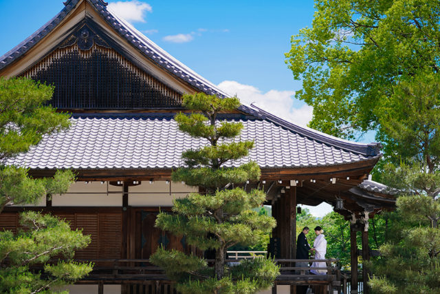 京都・大覚寺の前撮り/フォトウェディングのロケーション撮影 | 格式高いお寺の中で優美な雰囲気を楽しめる大覚寺にて。