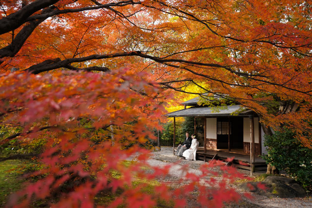 京都・堪庵の前撮り/フォトウェディングのロケーション撮影 | 秋には、茶室を囲む赤や黄色に染まった紅葉と一緒に。