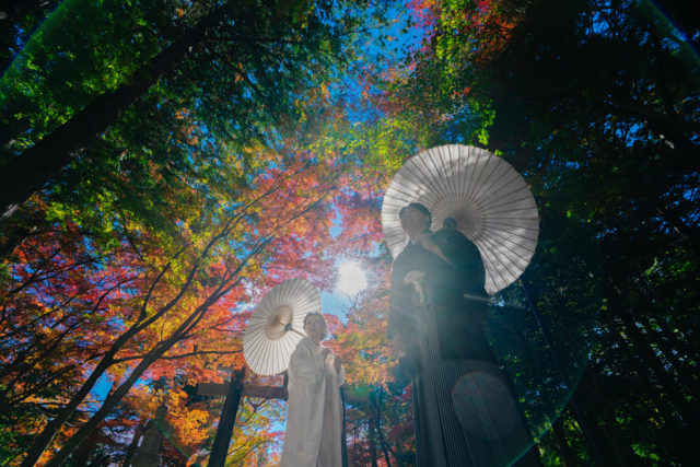 京都・大原野神社・紅葉の前撮り/フォトウェディングのロケーション撮影 | 秋色に囲まれた前撮り撮影。