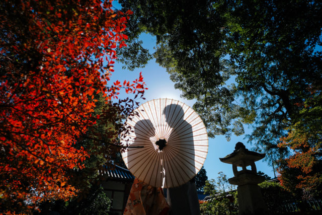 京都・毘沙門堂・お寺・紅葉の前撮り/フォトウェディングのロケーション撮影 | 和傘を使って二人のシルエットショット。
