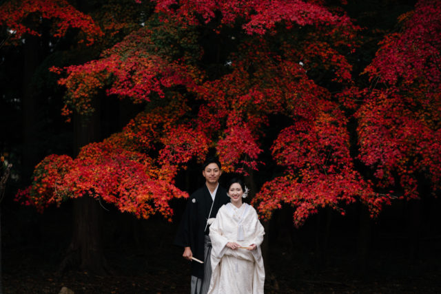 京都・大原野神社・紅葉の前撮り/フォトウェディングのロケーション撮影 | 紅葉に和装が映えます。