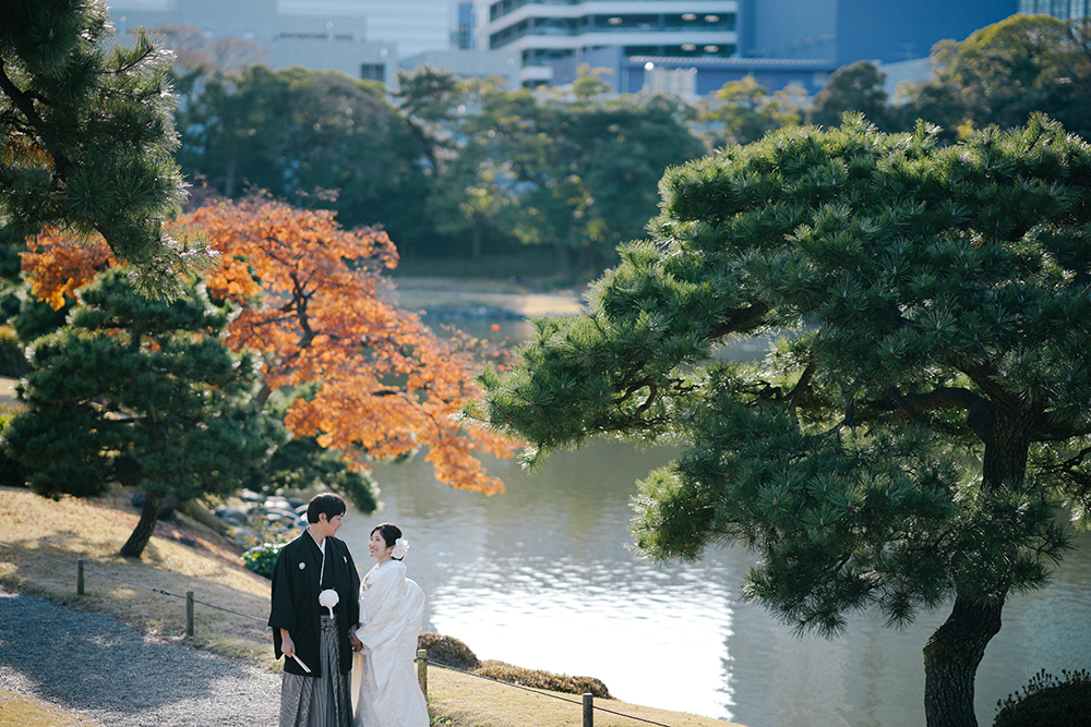 東京・浜離宮の前撮り/フォトウェディングのロケーション撮影 | 東京での和装前撮りで人気スポット。