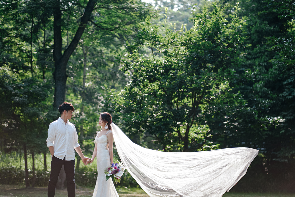 北海道・鳥沼公園の前撮り/フォトウェディングのロケーション撮影 | ベールも一緒に、北海道の洋装前撮り。