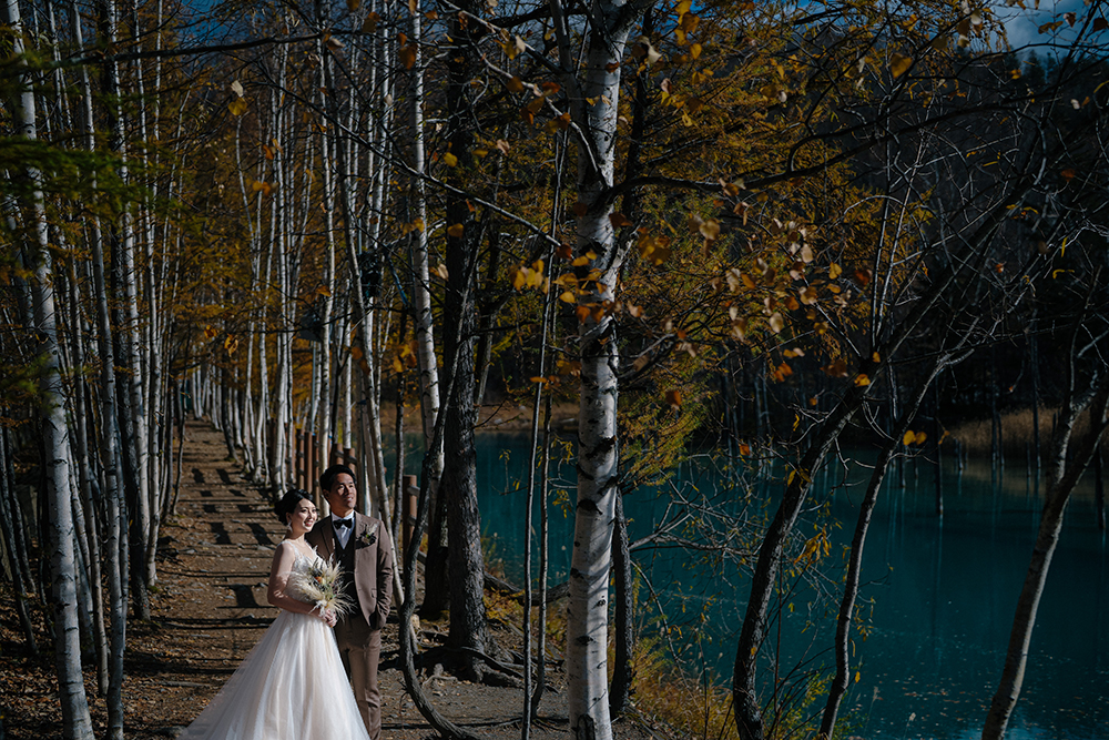 北海道・秋の前撮り/フォトウェディングのロケーション撮影 | 秋色の青い池。