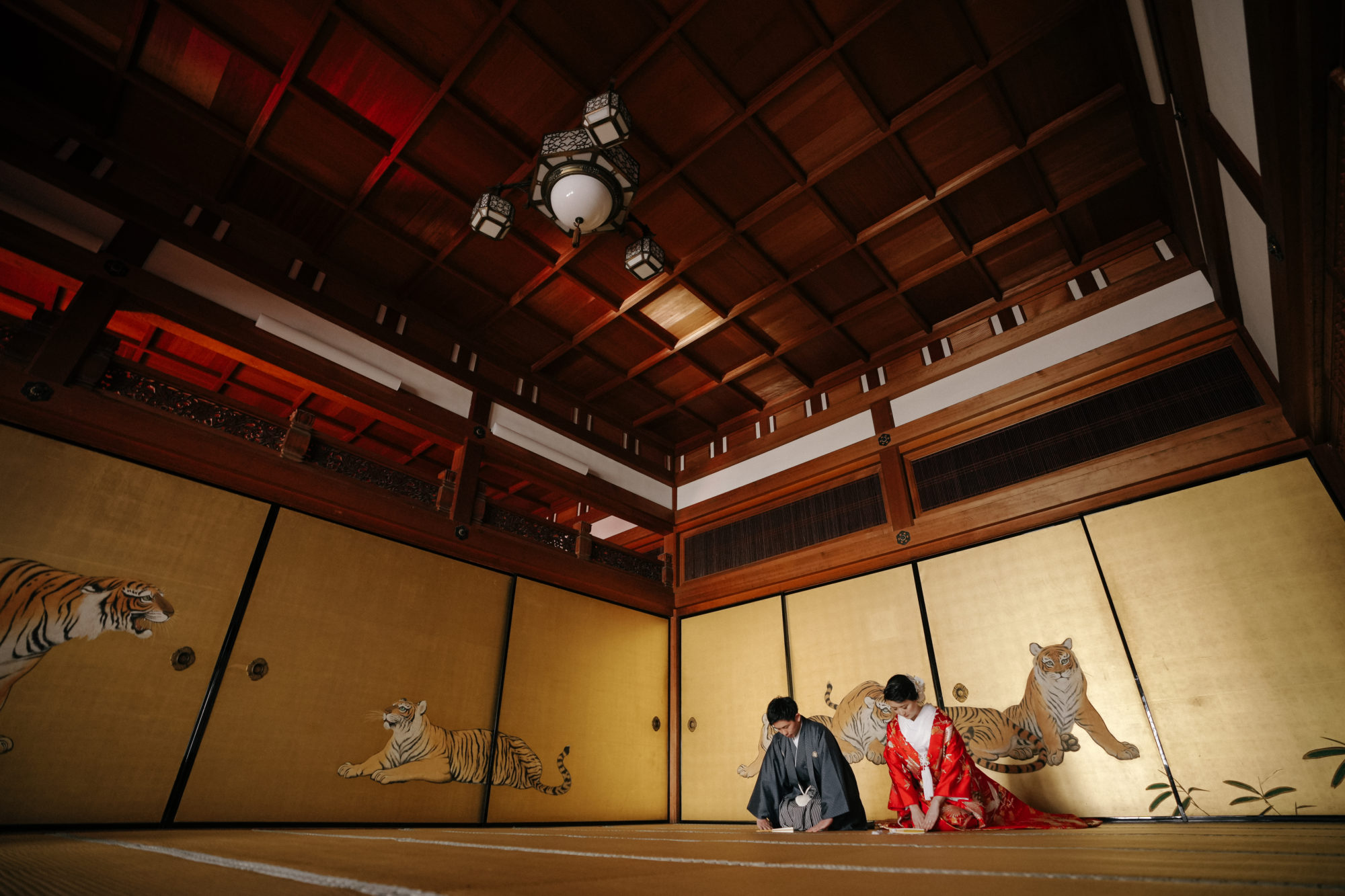 京都「金戒光明寺」で室内、虎の襖絵でのウェディングフォト。