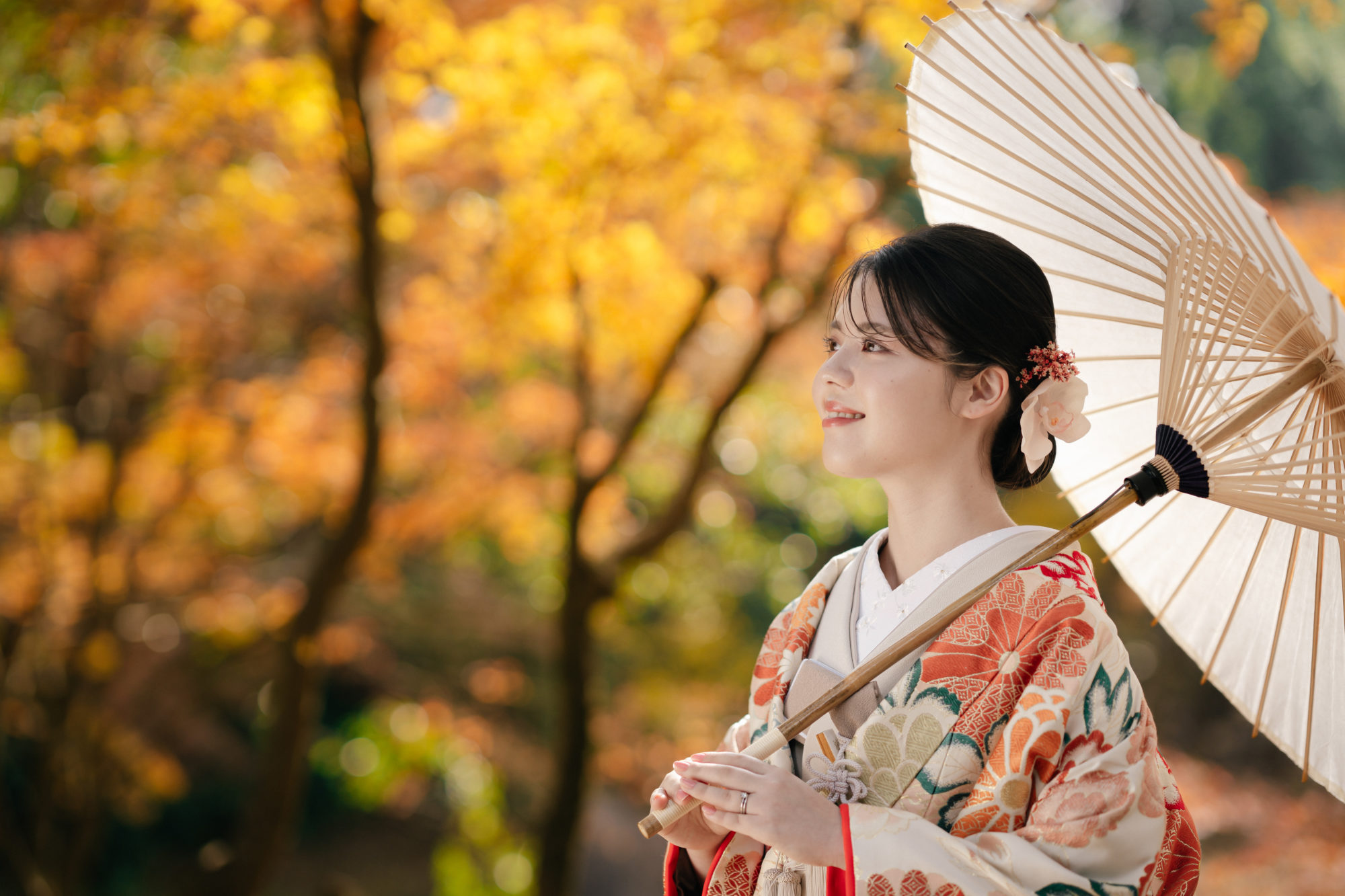 福岡・西公園の前撮り/フォトウェディングのロケーション撮影 | 色打ち掛けでの紅葉前撮り。